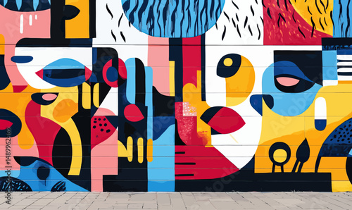 Colorful abstract street mural with geometric shapes and expressive modern urban art composition on building wall in vibrant primary colors and bold design