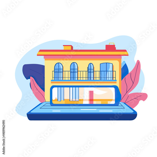 Digital hotel booking concept with smartphone and modern two-story building flat minimalist vector illustration for travel and accommodation reservation services online