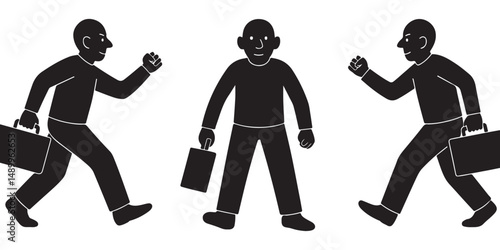 
Business people commuters rushing to work with briefcases in black and white simple illustration design silhouette
