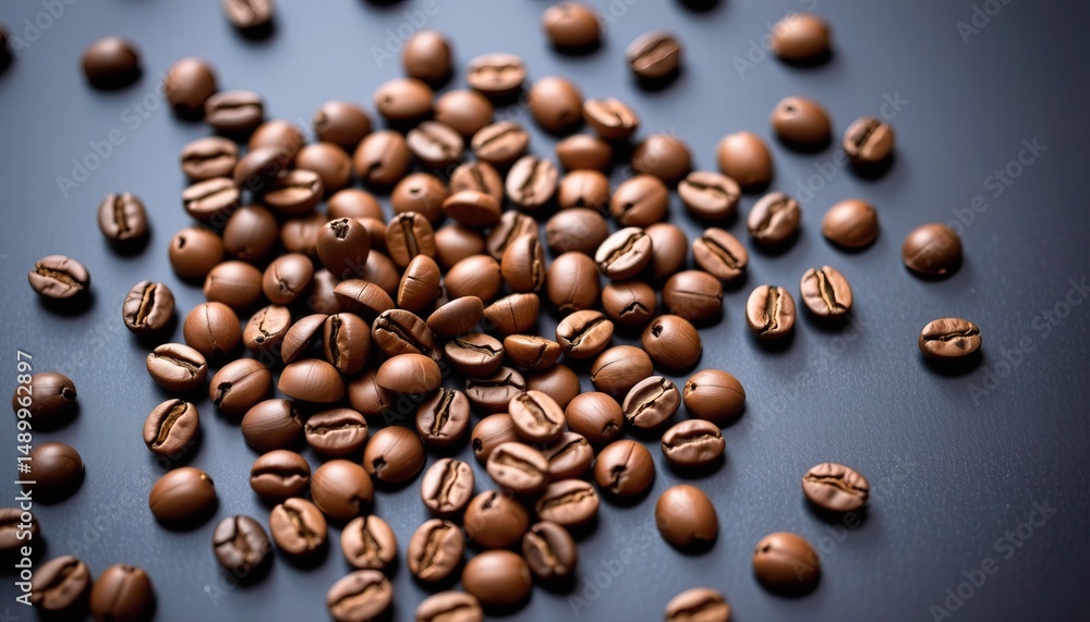 Freshly Roasted Coffee Beans Spread Out on a Dark Surface Ready for Brewing and Enjoyment Freshly Roasted Coffee Beans Spread Out on a Dark Surface Ready for Brewing and Enjoyment