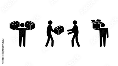 Set of stick figures, professional movers and parcel delivery, flat vector illustration.