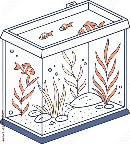 Colorful Fish Tank Illustration with Plants and Bubbles in Minimal Style