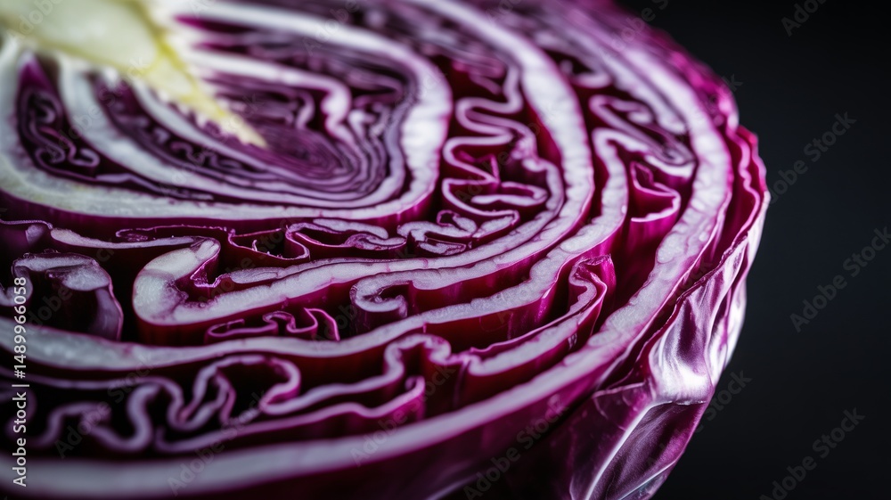 Fototapeta premium Close-up of a cross-sectioned red cabbage showcasing intricate layers and vibrant colors.