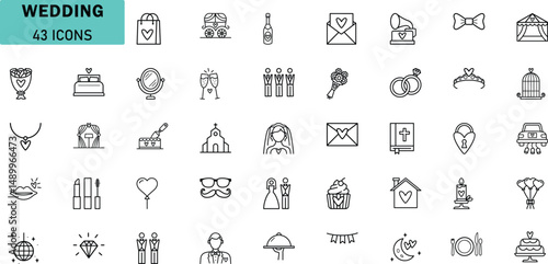 Wedding Vector Icons Set – 43 Romantic Marriage and Celebration Line Symbols