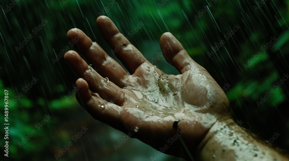 A man's hand is shown up close in a green, rainy forest. This relates to survival, travel, and lifestyle.
A man's hand is shown up close in a green, rainy forest. This relates to survival, travel, and lifestyle.