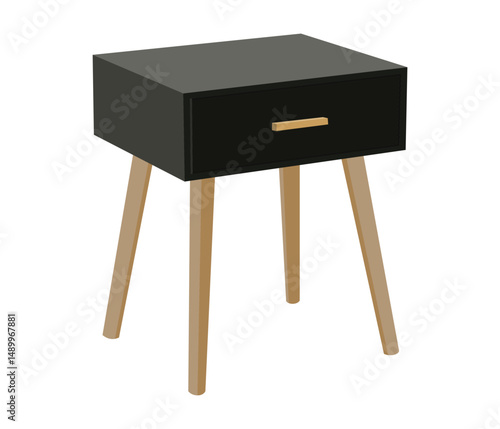 Modern black nightstand with one drawer and wooden legs isolated on white background