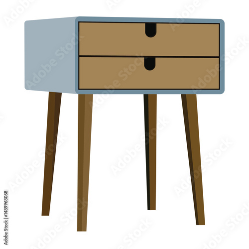 Modern nightstand with two drawers and wooden legs isolated on white background