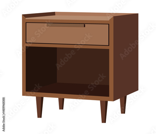 Brown nightstand with one drawer and open storage space on wooden legs isolated