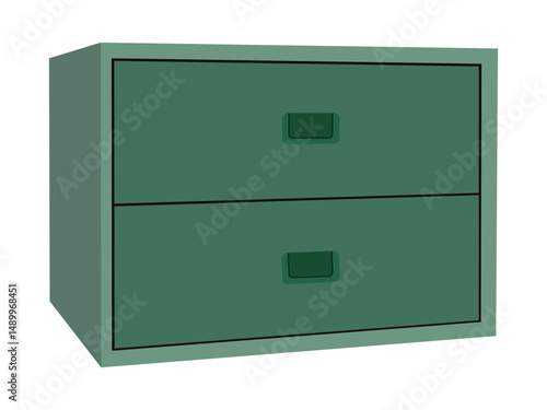 Green filing cabinet with two drawers and green handles isolated on white background
