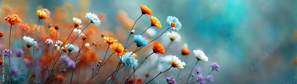 Blooming flowers in meadow with paradise feel and dreamy concept. Colorful, soft-focus flowers create a serene, dreamy atmosphere. Blooming flowers in meadow with paradise feel and dreamy concept. Colorful, soft-focus flowers create a serene, dreamy atmosphere.