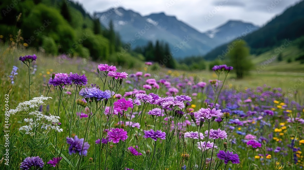 Obraz premium Blooming flowers in meadow through dreamy gardens and paradise concept. A vibrant field of wildflowers with mountains in the background.