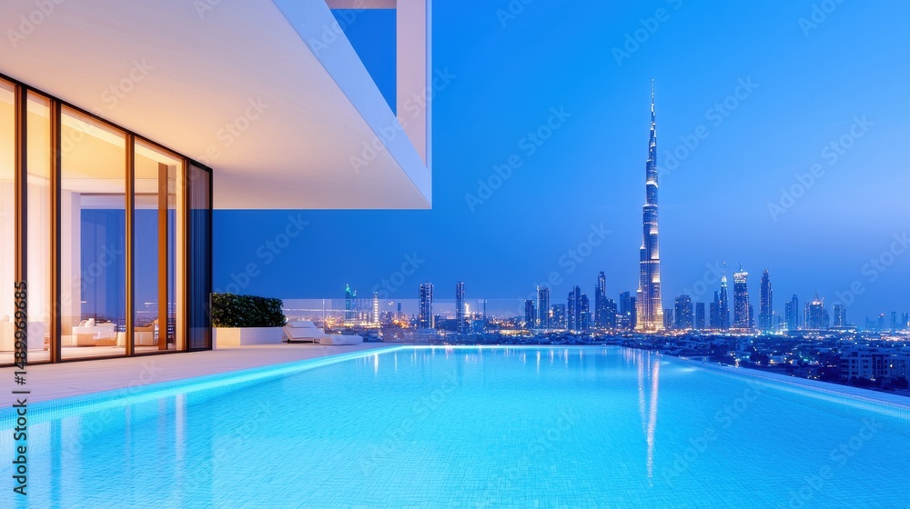 Naklejka premium Luxury Infinity Pool Infinity pool with city skyline view, modern architecture, luxurious penthouse, urban oasis