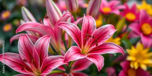 Vibrant pink lilies, close-up bloom details, soft-focus colorful floral background, event, romantic