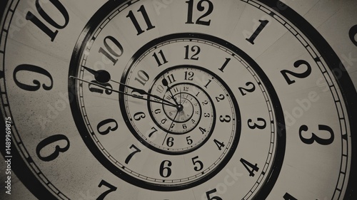 A close-up view of a spiral clock face, showcasing distorted time in a monochromatic scheme.