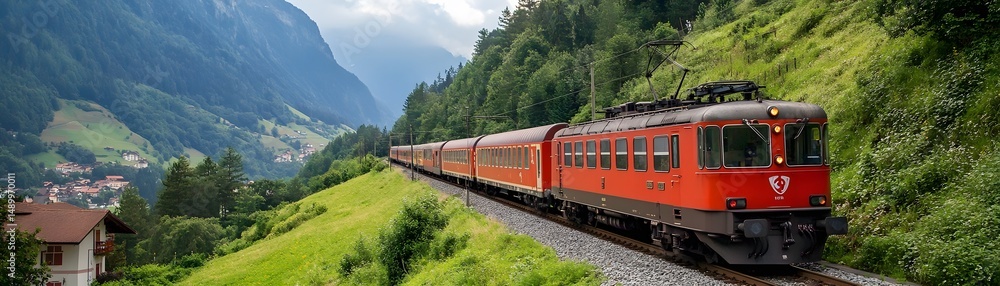 Naklejka premium Scenic mountain train journey through lush valley.