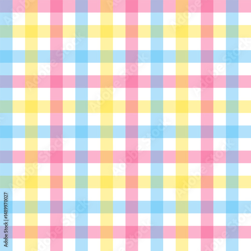Colorful gingham seamless pattern.Checkered tartan plaid repeat pattern in blue yellow pink white.Geometric vector background wallpaper for fabric and prints.