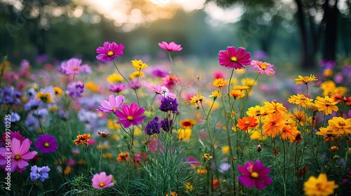 Blooming flowers in meadow with paradise feel and dreamy concept. A vibrant field of colorful flowers in full bloom during sunset.