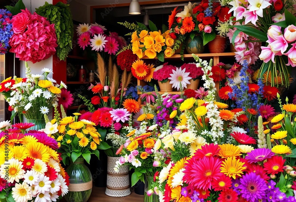 Fototapeta premium Vibrant floral shop brimming with colorful blooms, showcasing artful arrangements, shop, cheerful