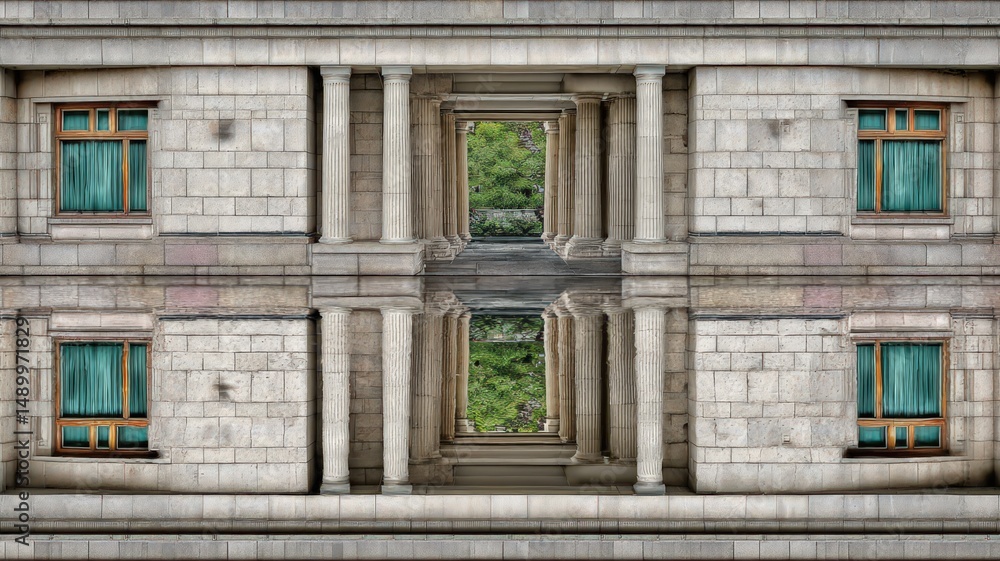 Obraz premium Mirrored Architecture Reflected In Still Water With Surrounding Greenery In Urban Setting