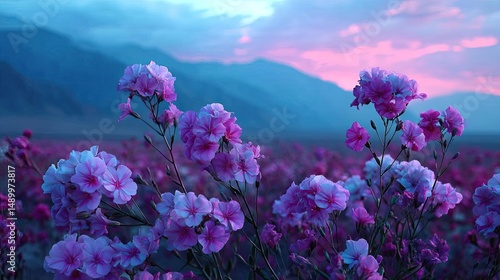Blooming flowers in meadow across glowing vibrant paradise concept. Vibrant pink flowers blooming under a sunset sky.