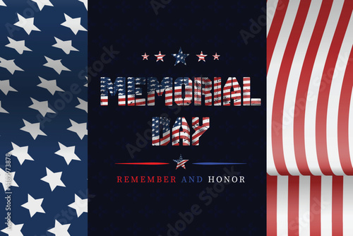 Memorial Day poster with waving American flag and bold text in patriotic red, white, and blue
