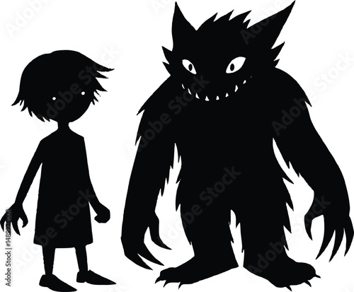 Child Playing with Monster Friend Silhouette