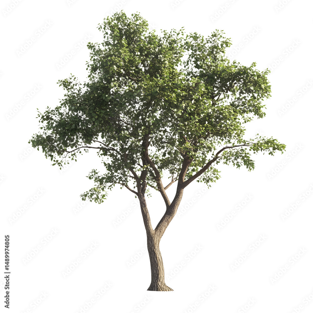 Obraz premium Single Tree isolated on white background. big old tree with green leaves stands alone on white background. Isolated tree on white background. side view of cutout tree. used for design and advertising.