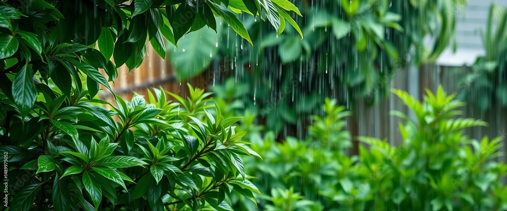 Obraz premium Torrential downpour saturates lush green backyard, leaves glistening, water, downpour