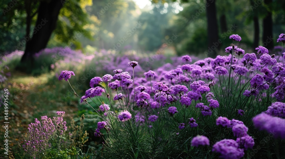 Obraz premium Blooming flowers in meadow through dreamy gardens and paradise concept. Vibrant purple flowers blooming in a serene forest setting.