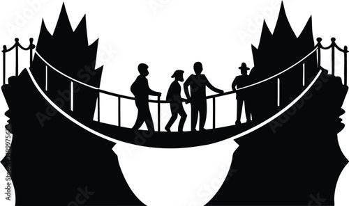 People Crossing Rope Bridge Adventure Silhouette