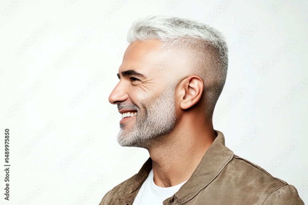 Obraz premium Pure white solid background. Visual idea of style for aging men. Classy men's buzz cut haircut - midlife arabian man with middle hair. An artistic and modern man captured in a studio.