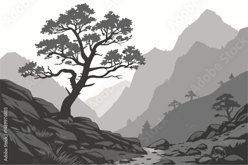 157 mountainous landscape, dramatic lighting, moody atmosphere, twisted tree, rocky terrain, fog, mist, cinematic