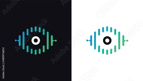 Modern Abstract Eye Logo Design with Sound Wave Elements in Blue and Green Gradient