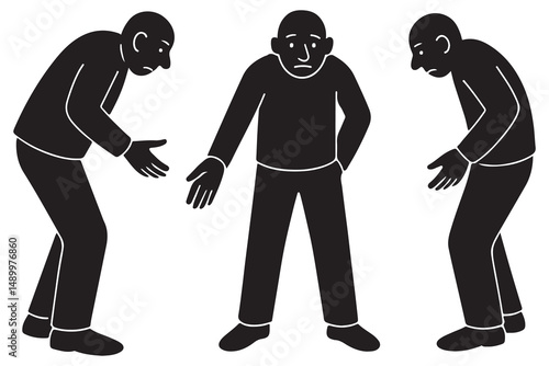 Three figures illustration depicting sadness and loss in a minimal black and white style artwork design silhouette