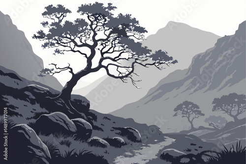 157 mountainous landscape, dramatic lighting, moody atmosphere, twisted tree, rocky terrain, fog, mist, cinematic