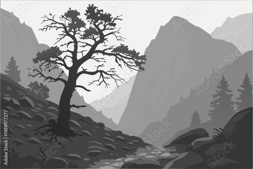 157 mountainous landscape, dramatic lighting, moody atmosphere, twisted tree, rocky terrain, fog, mist, cinematic