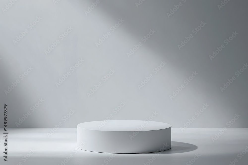 Fototapeta premium Single white pedestal in empty room, sunbeams