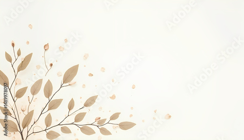 Abstract painted green and orange color leaves on beige yellow background. Concept of autumn pattern. 