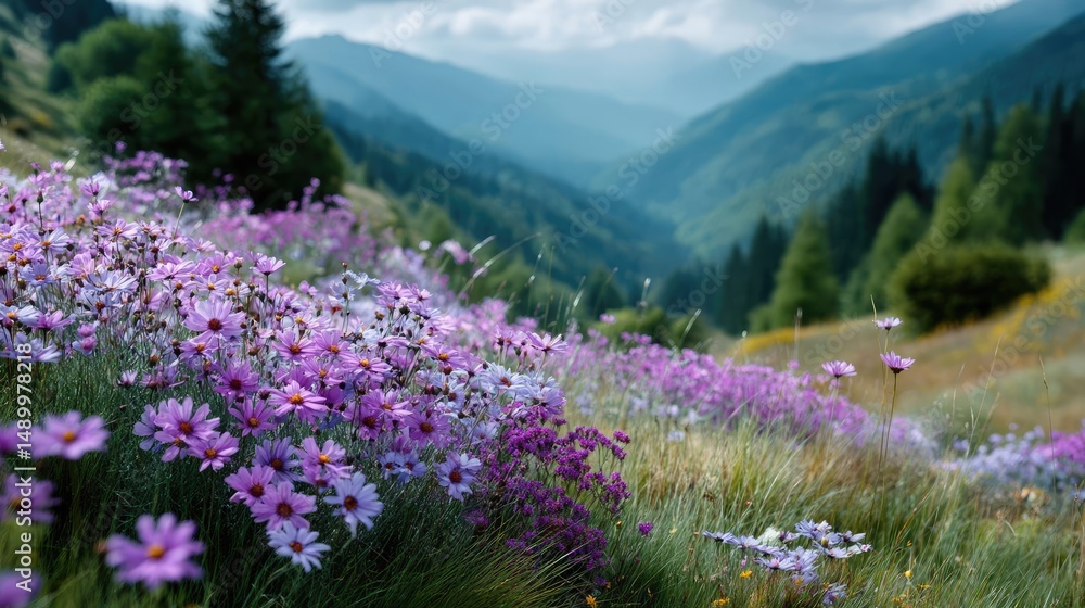 Obraz premium Blooming flowers in meadow across glowing vibrant paradise concept. A vibrant field of wildflowers in the mountains during spring.