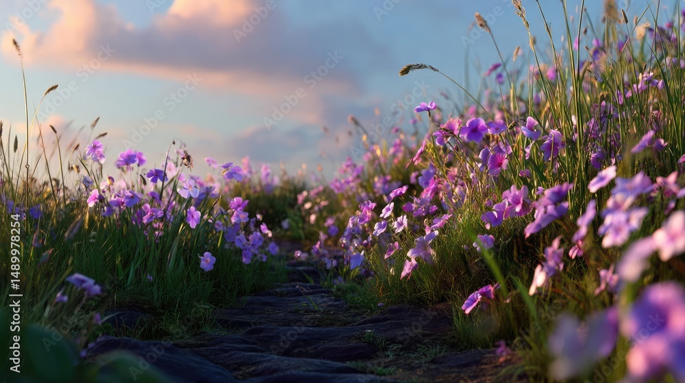 Obraz premium Blooming flowers in meadow through dreamy gardens and paradise concept. Colorful flowers bloom along a serene pathway in nature.