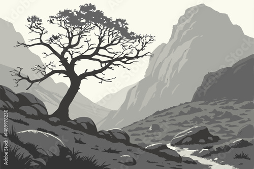 157 mountainous landscape, dramatic lighting, moody atmosphere, twisted tree, rocky terrain, fog, mist, cinematic