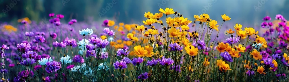 Obraz premium Blooming flowers in meadow through dreamy gardens and paradise concept. Vibrant and colorful flower field with various blooming blossoms.