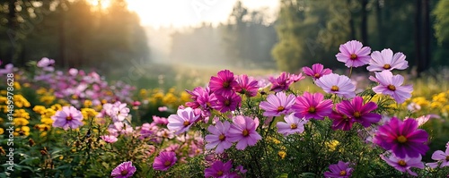 Blooming flowers in meadow through dreamy gardens and paradise concept. A vibrant field of blooming flowers basking in morning light.