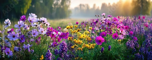 Blooming flowers in meadow through dreamy gardens and paradise concept. A vibrant meadow filled with colorful blooming wildflowers.