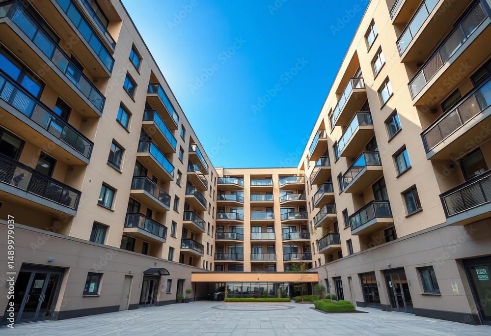 Fototapeta premium Modern BC apartment building, sunny day, architectural details, clean lines, empty space, glass, concrete