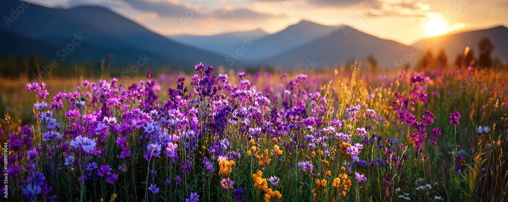 Naklejka premium Blooming flowers in meadow across glowing vibrant paradise concept. Colorful wildflowers blooming in a serene mountain landscape.