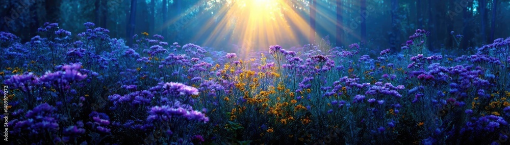 Obraz premium Blooming flowers in meadow with paradise feel and dreamy concept. Vibrant wildflowers illuminated by sunlight in a serene setting.