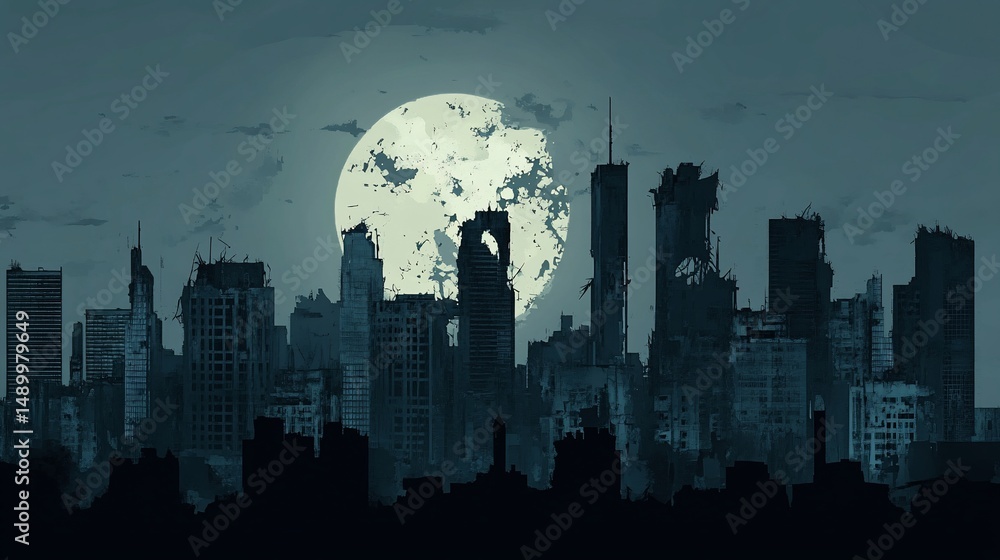 Fototapeta premium Post Apocalyptic Cityscape with a Full Moon Shining Over Destroyed Buildings