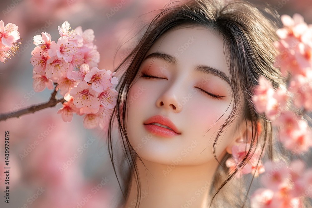 Spring mood, golden sunrise and fog. Commercial digital ads idea design idea. Stunning caucasian young woman surrounded by cherry blossoms. Spring-inspired woman in cherry blossoms. Spring mood, golden sunrise and fog. Commercial digital ads idea design idea. Stunning caucasian young woman surrounded by cherry blossoms. Spring-inspired woman in cherry blossoms.