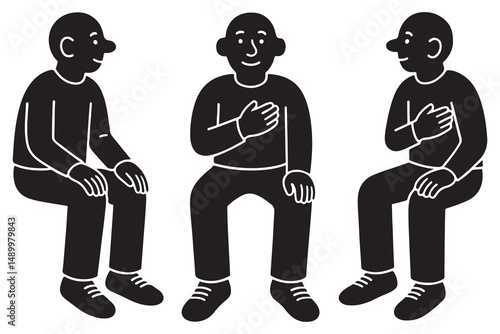Silhouette of a man sitting on an invisible ledge with legs dangling and arms resting on knees